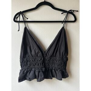 Black Tie Strap Smocked Crop Top Ruffle 200% Cotton Camisole XL